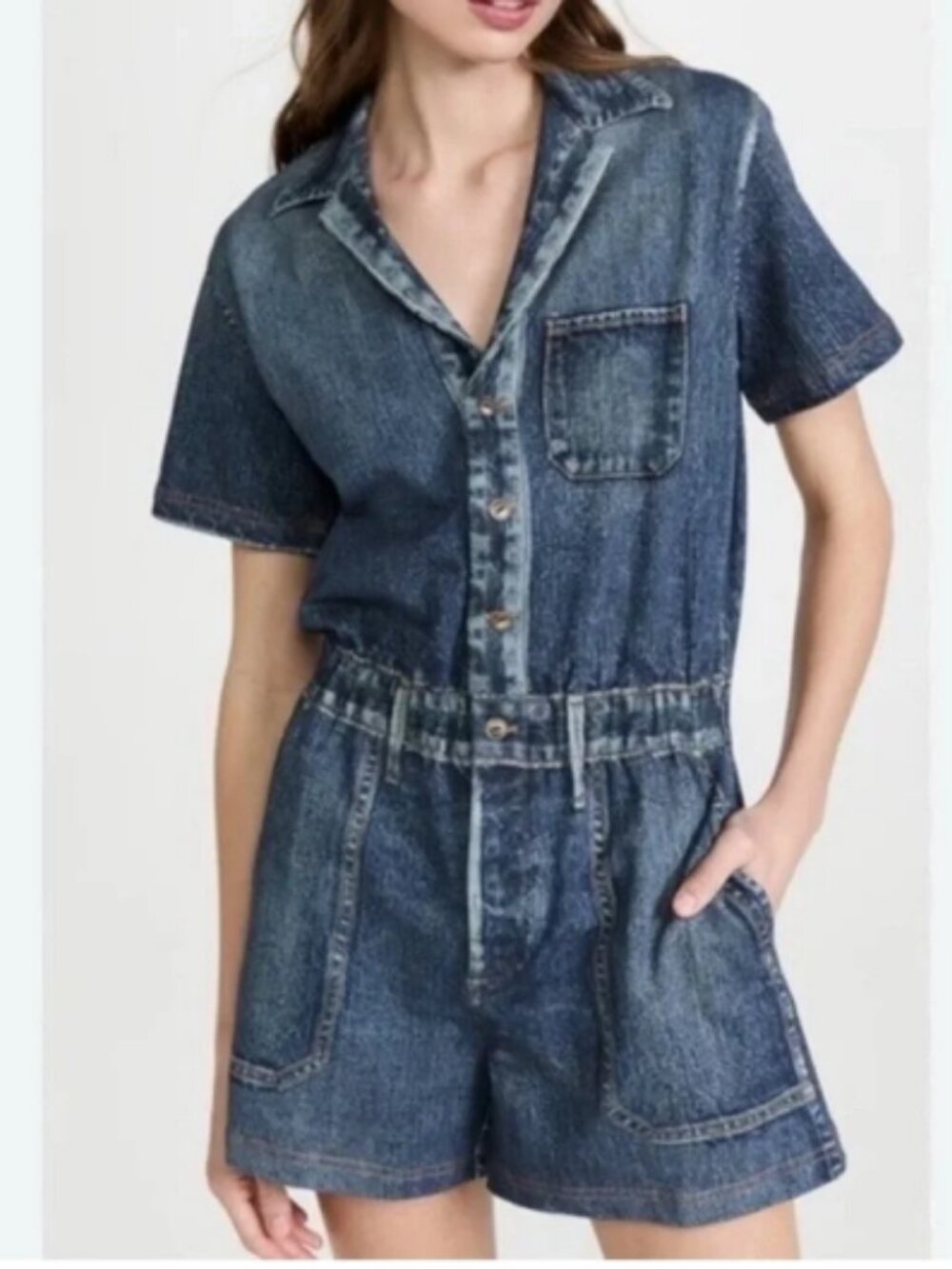 RAG & BONE Miramar Short-Sleeve Romper Dark Blue Wash Size S